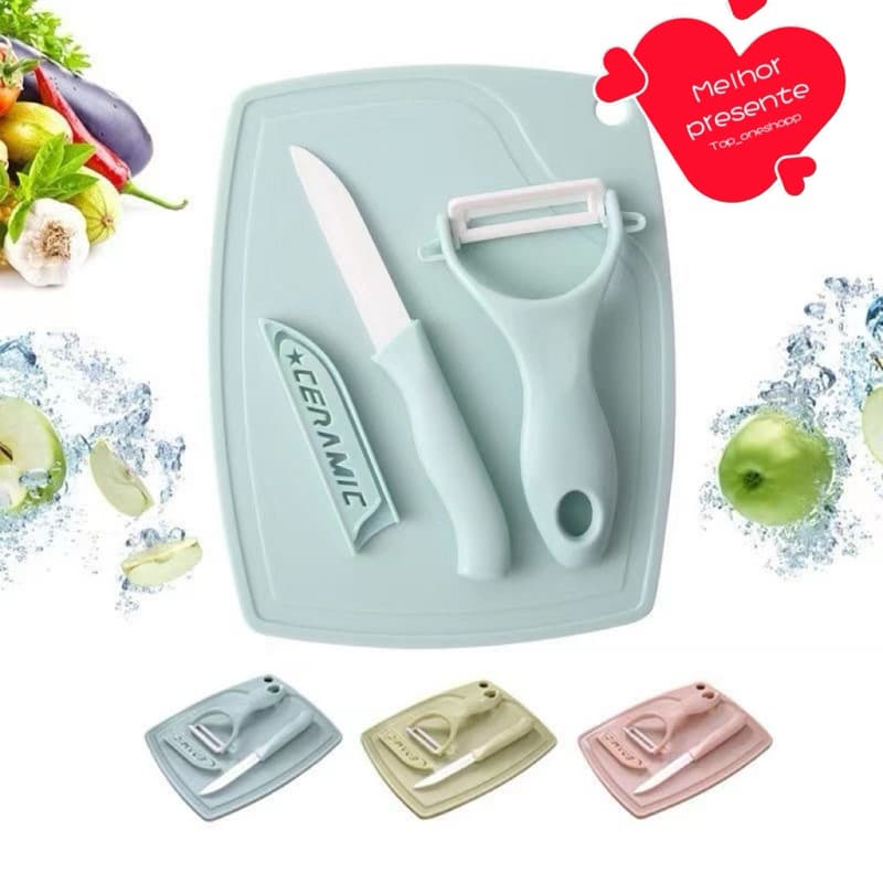 Kit Tábua de Corte, Faca e Descascador tesoura  Conjunto Faca para Legumes e Frutas Cozinha Jogo da Faca