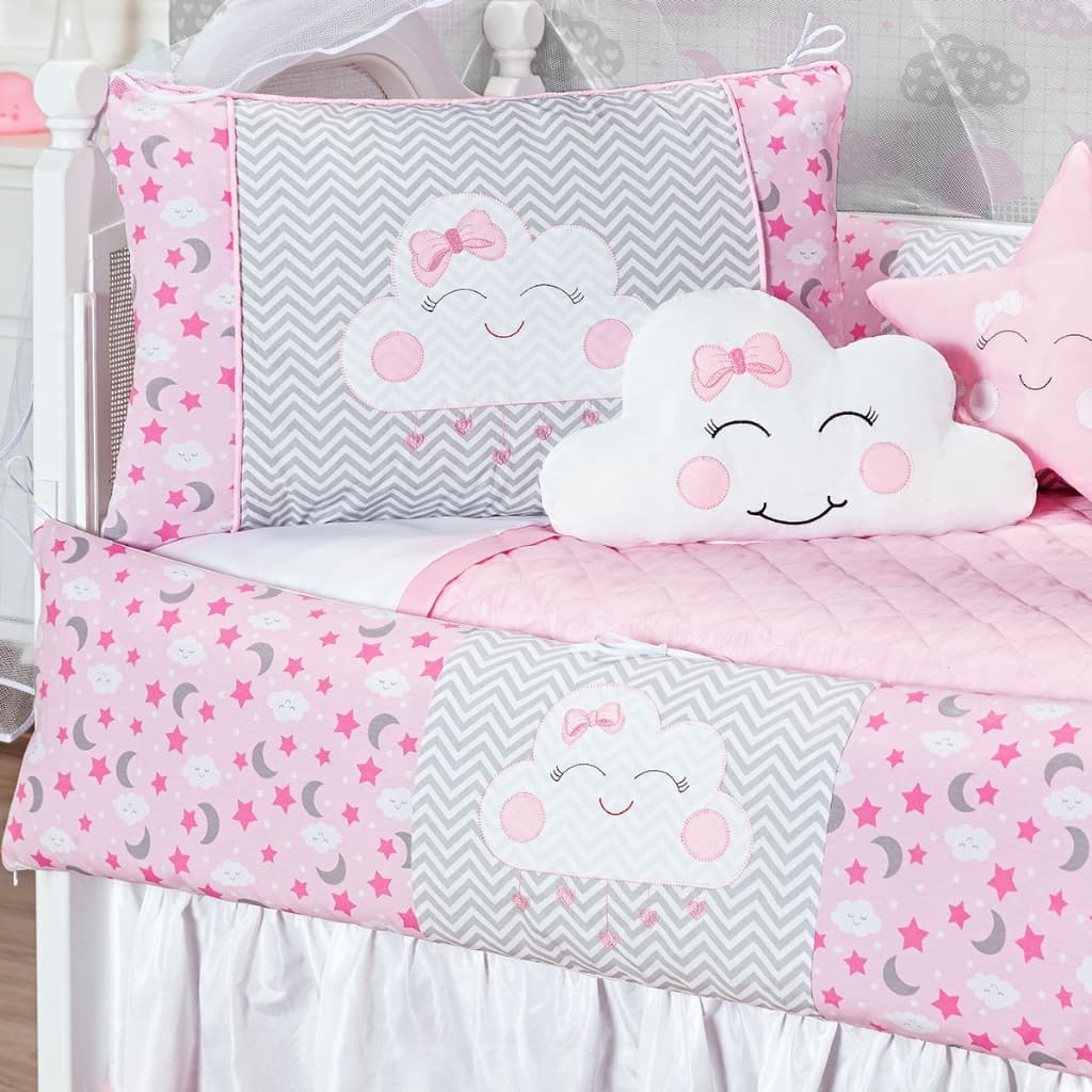 Kit Protetor Berço Lua Nuvem Rosa Almofadas e Protetores 8 Peças Menina