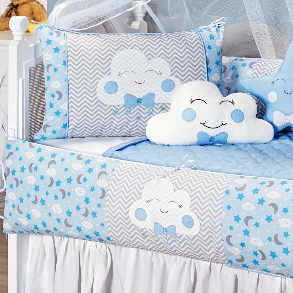 Kit Protetor Berço Lua Nuvem Azul Almofadas e Protetores 8 Peças Menino