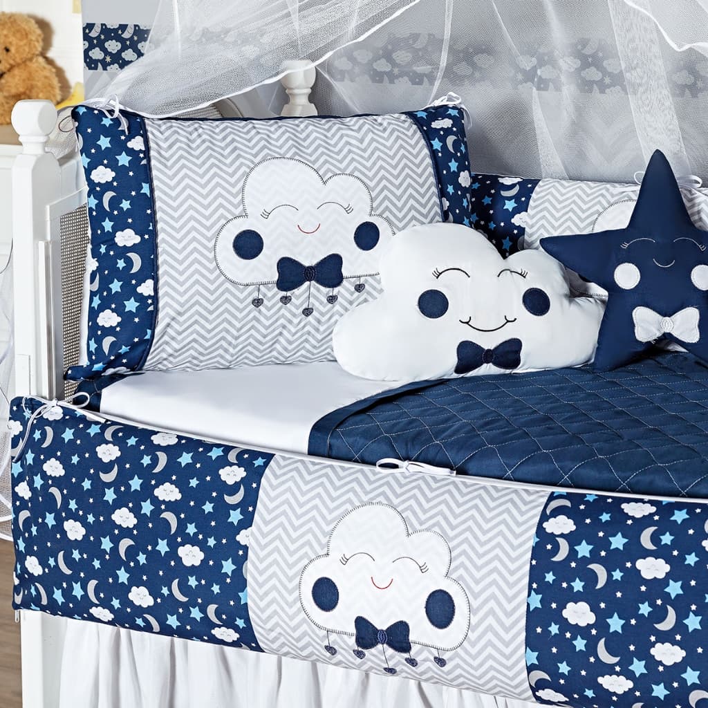 Kit Protetor Berço Lua Nuvem Azul Marinho Almofadas e Protetores 8 Peças Menino