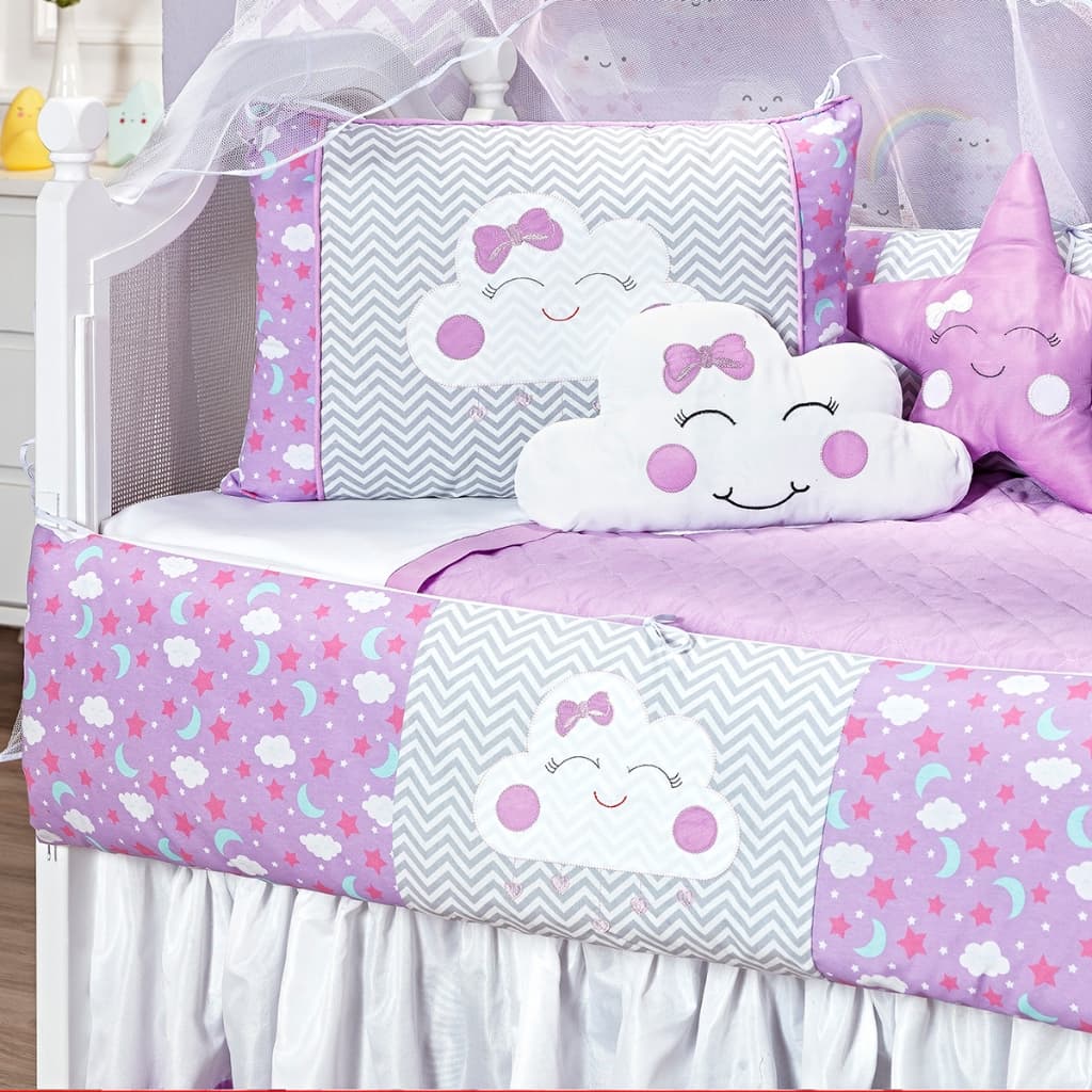 Kit Protetor Berço Lua Nuvem Lilas Almofadas e Protetores 8 Peças Menina