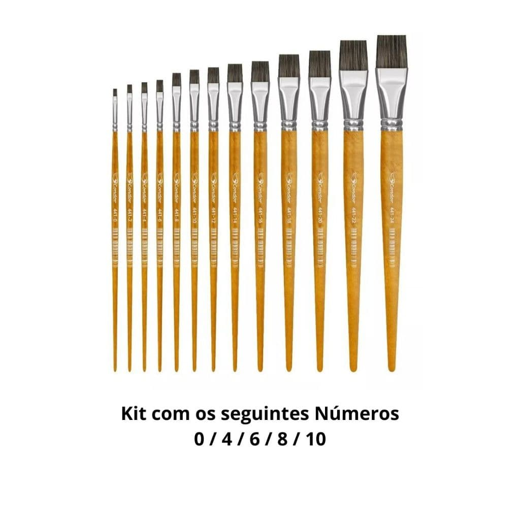 Kit 5x Pinceis Chato Condor 441 úmeros 0 /4 / 6 / 8 / 10 - Cerdas Pelo Orelha De Boi