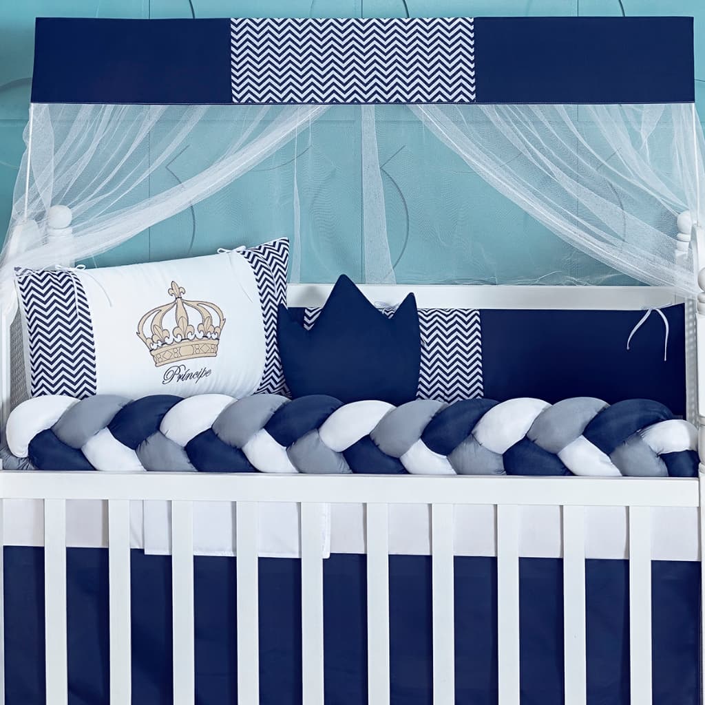Kit Protetor Berço Coroa Marinho Principe Americano Slim Completo Lençol Almofadas 11 Peças