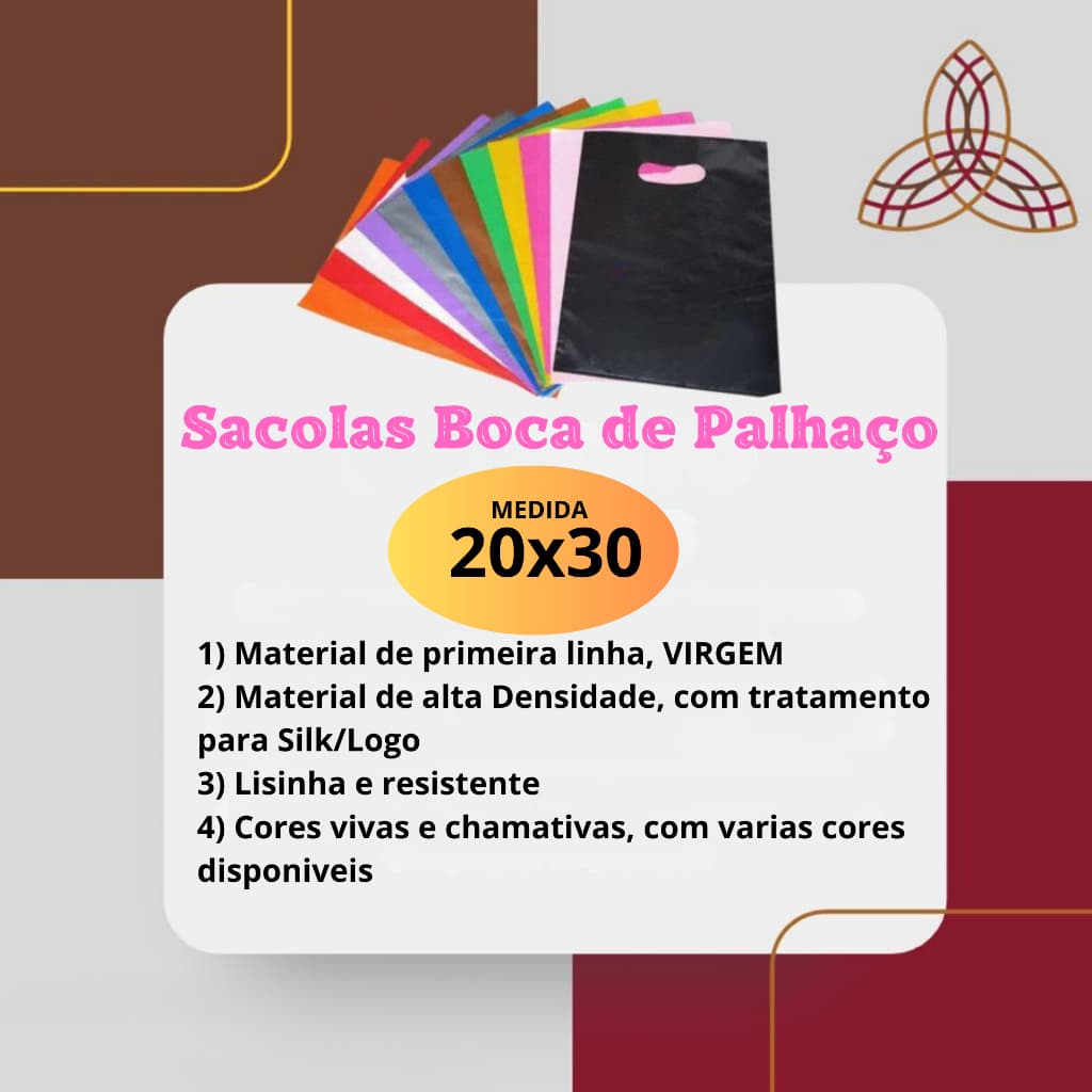 15 unidades Sacola Plástica  Boca de Palhaço medindo 20x30, feita com material nobre, com tratamento para SILK