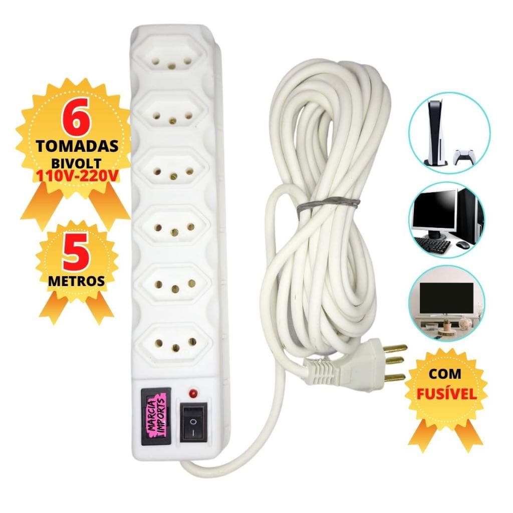 Filtro de Linha com 5 Metros de cabo Varios tamanhos Branco Regua Eletrica Bivolt Tripolar Pronta Entrega