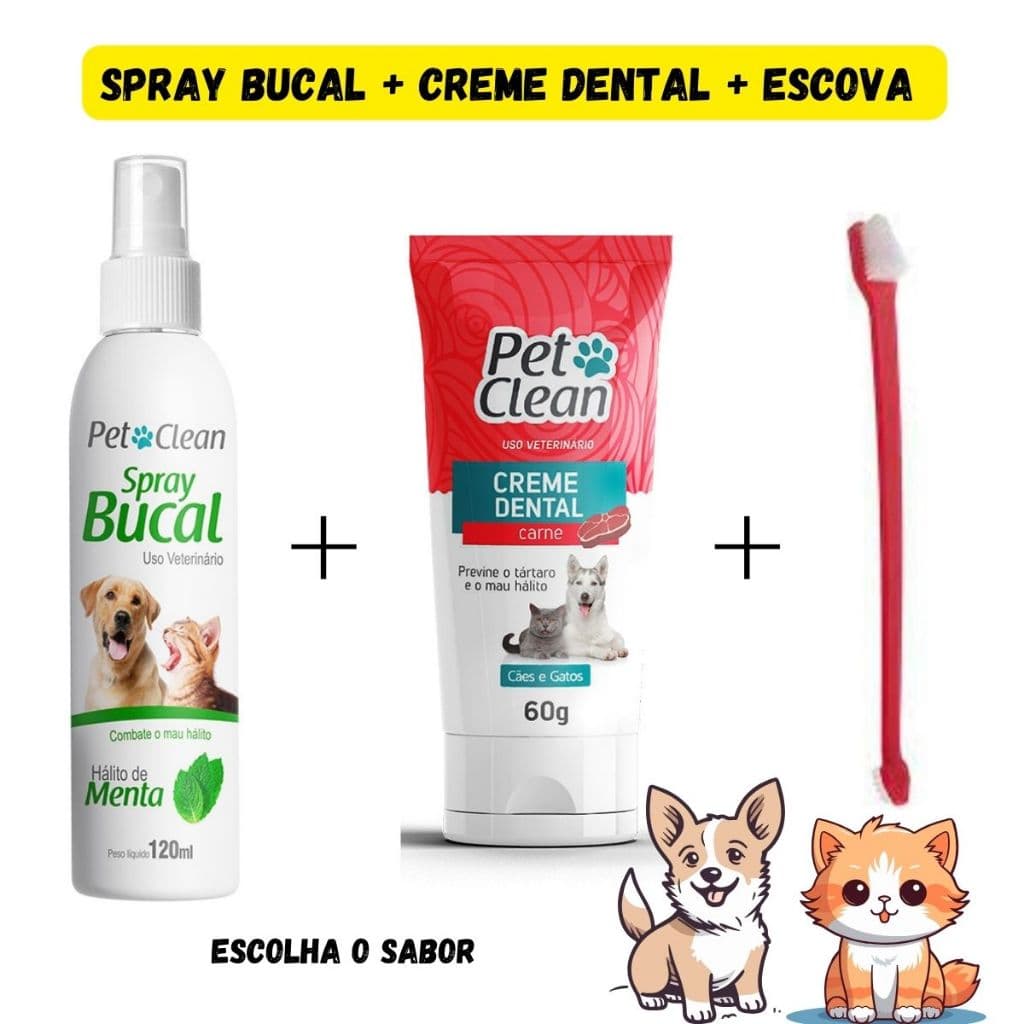 KIT COMPLETO HIGIENE BUCAL CÃES E GATOS CREME DENTAL E SPRAY PET CLEAN + ESCOVA - ELIMINA MAU HALITO