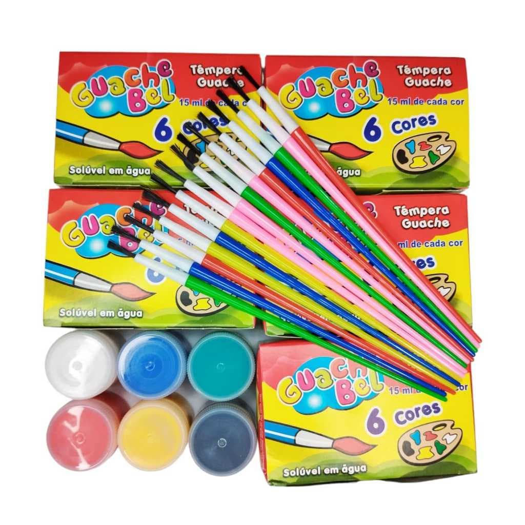 10 Cx Tinta Guache 6 Cores + 20 Pincel Artistico Artesanato Lembrancinha Para Aniversario Prenda
