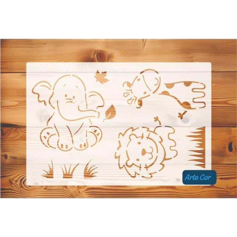 Estencil Safari / 30 x 20 cm / n. 190 / baby leão / elefante / girafa