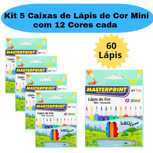 Kit 5 Caixas de Lápis de Cor Mini Caixa com 12 Cores cada Sextavado Escolar Masterprint