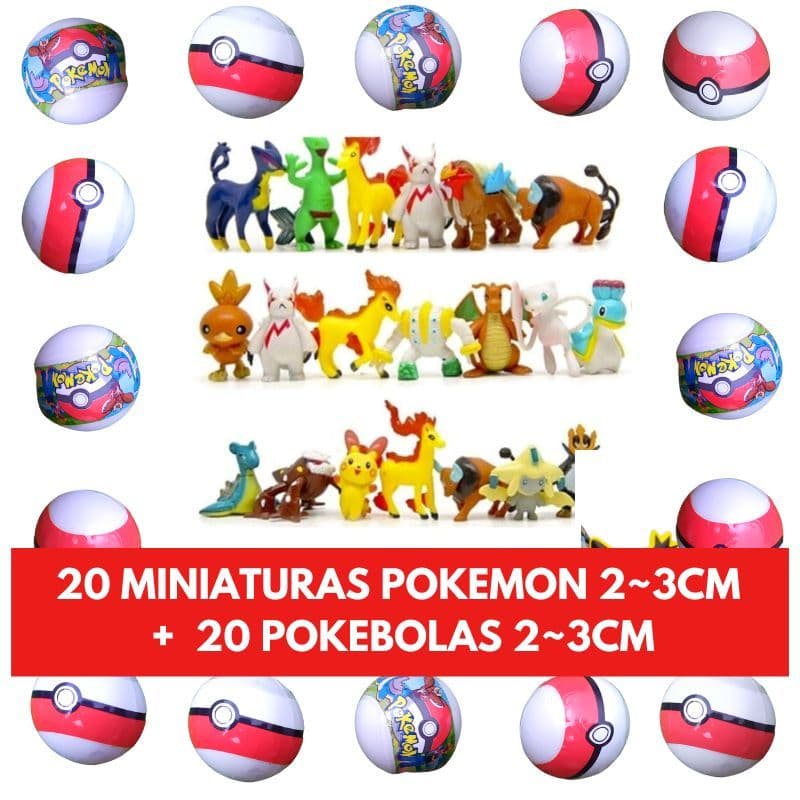Kit Com 20 Miniaturas Pokémon + 20 Pokebolas 2-3cm Brinquedo