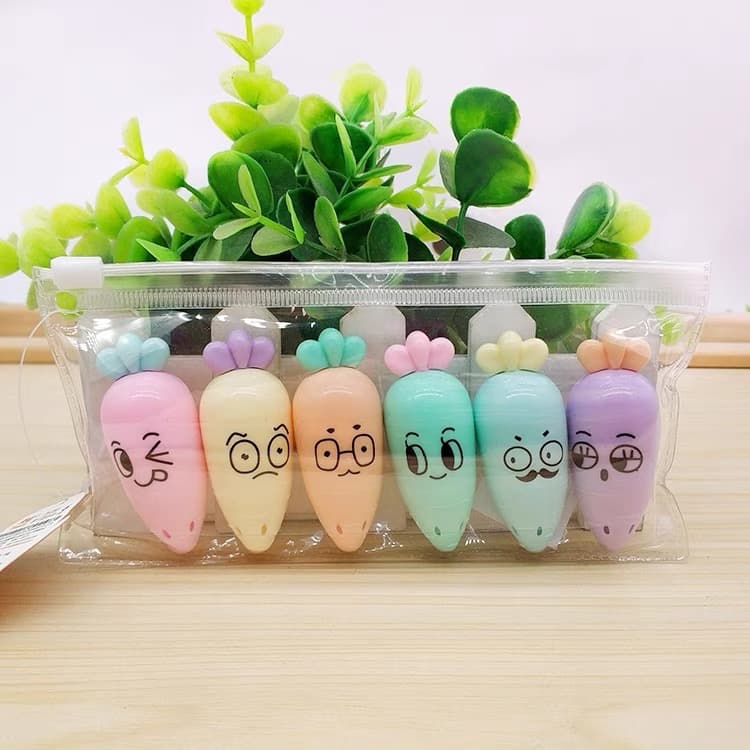 1-3pacote Mini Marca Texto Cenoura Emoji Fofo Kit 6 Cores Papelaria Fofa Páscoa