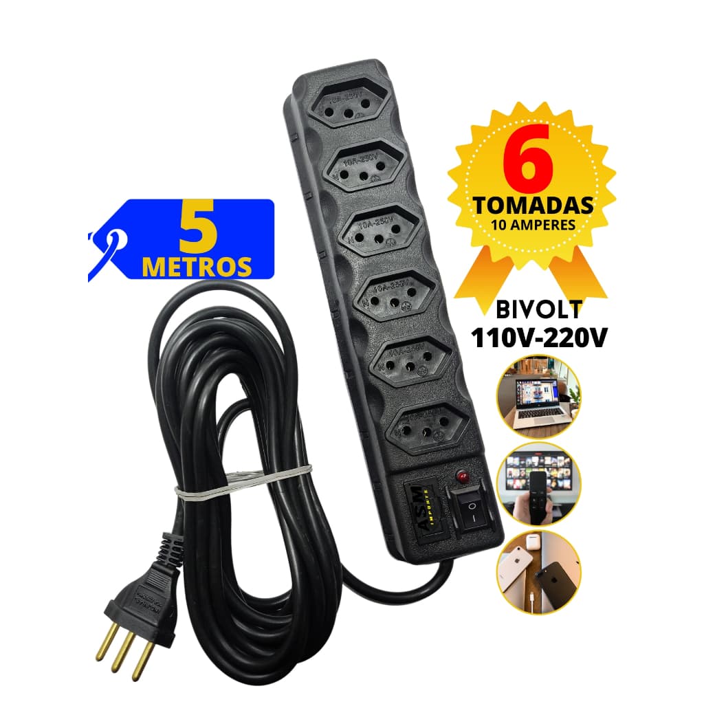 Filtro de Linha 5M Régua elétrica 6,  5, 4 e 3 Tomadas Cabo 5 Metros de fio Fusível 110v-220v