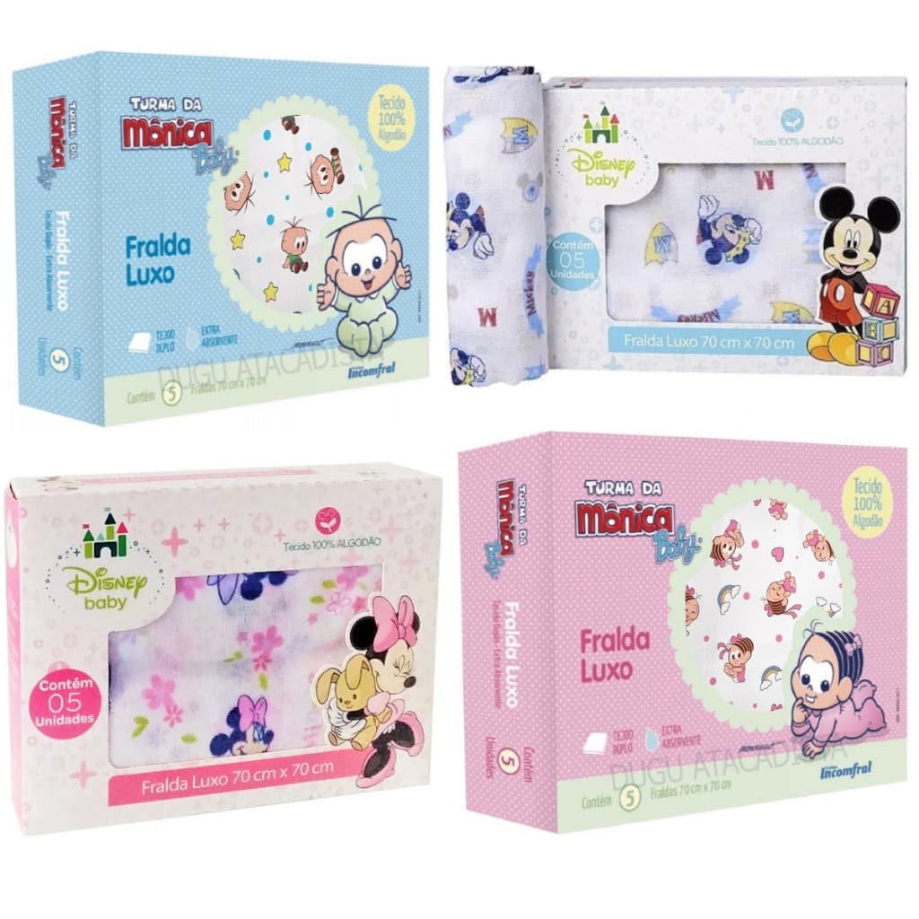 Caixa Com 10 Fralda De Pano Desenho Animado 70x70cm Grande Turma da Mônica e Disney Modelo Luxo