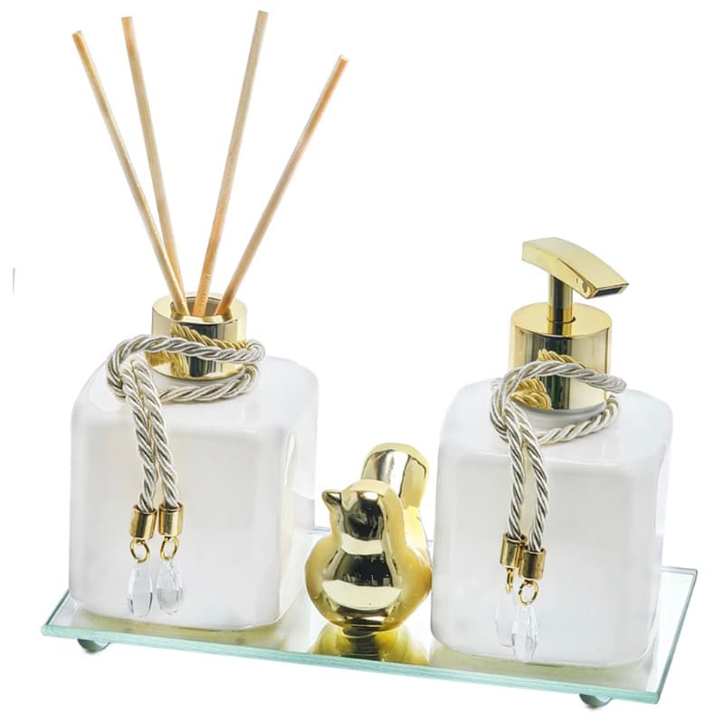 Kit Lavabo Banheiro Pet Difusor e Saboneteira Com Bandeja e Passarinho Varetas Cordão Luxo