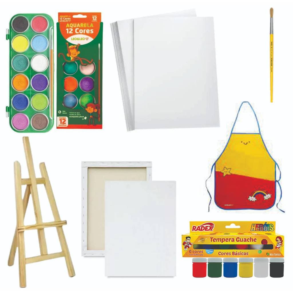 Kit de Pintura Infantil:  Tinta Aquarela 12 Cores + 50 Folhas sufite + 1 Pincel + Mini Cavalete + 1 Tela 10x15cm + Avental Impermeavel + 1 Guache