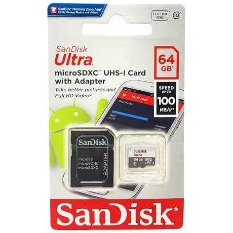 Cartão de Memória SanDisk 64GB microSDXC Ultra 100MB/s Classe 10 A1 Full HD