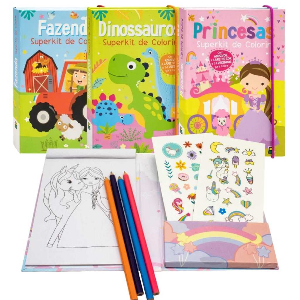 SUPER KIT DE COLORIR COM LÁPIS DE COR com Adesivo-Brasileitura