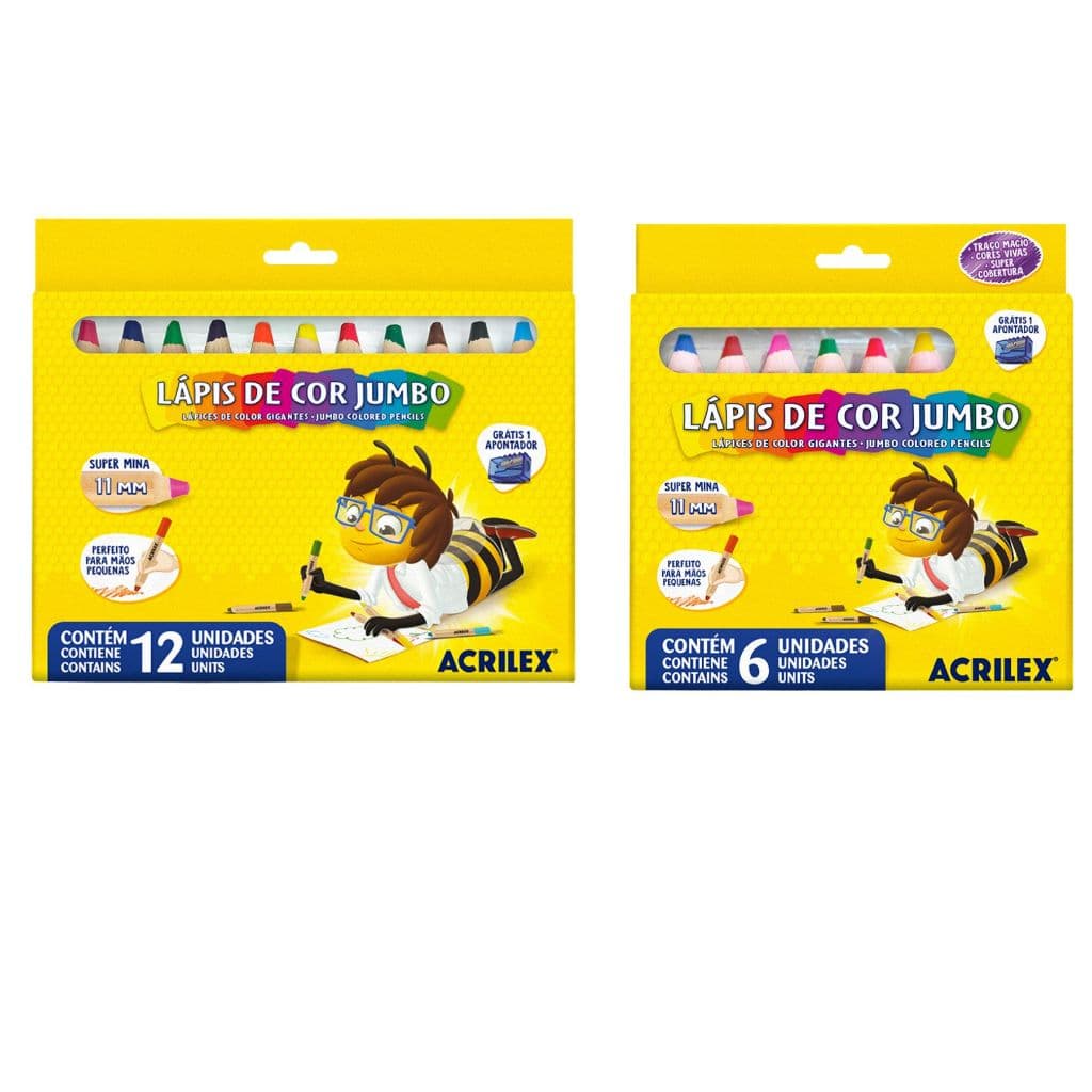 Lápis de Cor Jumbo 11mm c/ Apontador (06 e 12 Cores) - Acrilex