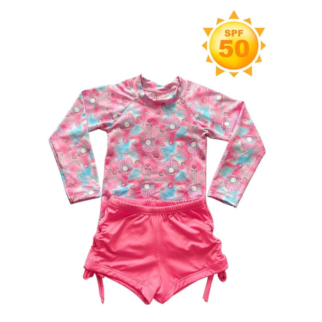 Roupa de Praia uv Infantil Menina com Proteção Solar Camisa e Shortinho Pérolas