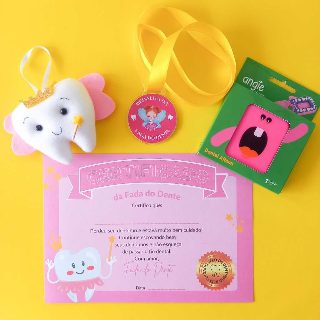 kit Fada do Dente - Estojo Porta Dente De Leite Angie + Dentinho da Fada do dente + Certificado + medalha