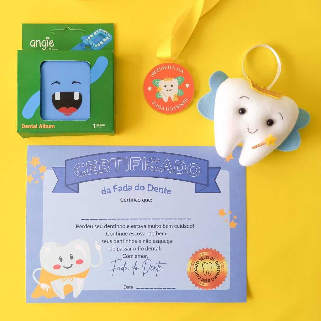 Kit Estojo Porta Dente De Leite Angie + Dentinho da Fada do dente + Certificado menino + Medalha -  Odontopediatria