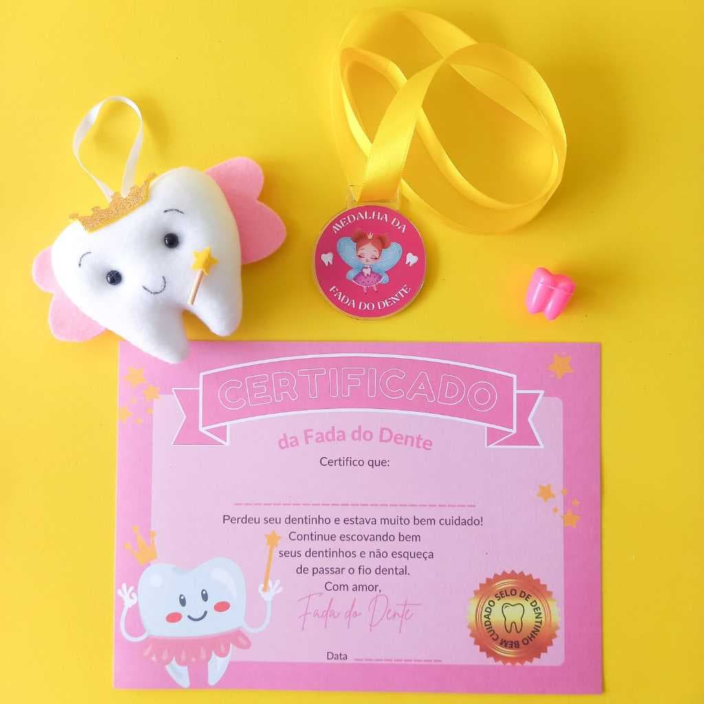 Kit Fada Do Dente -  Dentinho porta moeda + Bau dentinho + Medalha da Fada + Certificado