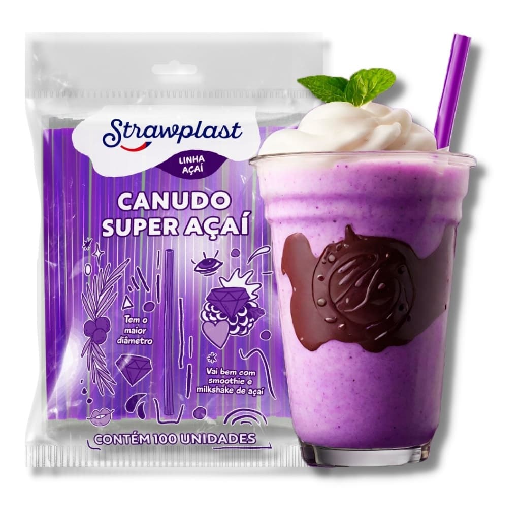 Canudo Super Açaí 10mm Roxo 100 Un Bebidas Espessas Milk Shake Smoothie