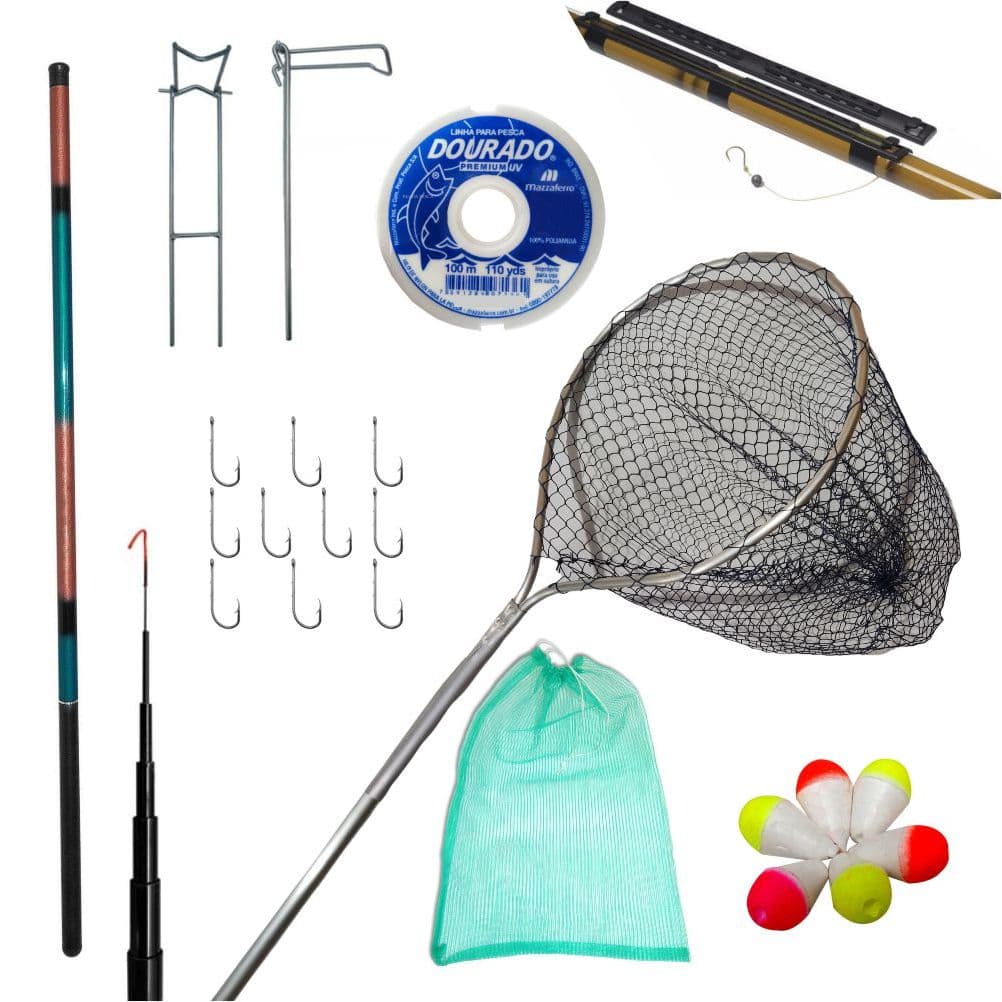 KIT VARA TELESCOPICA 2,10M + LINHA + ANZOL + BOIA + PASSAGUÁ