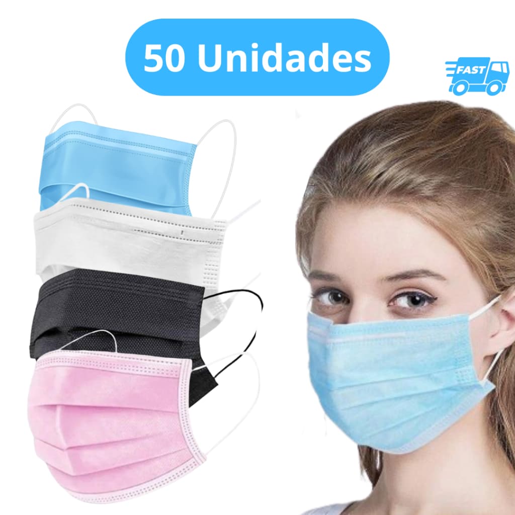 Máscara Descartável Tripla Proteção c/ Filtro, Clipe Nasal e Elástico 50 uni