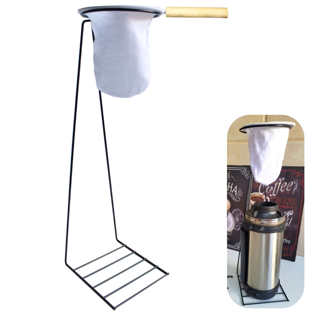 Coador De Café C/ Suporte De 45cm + Coador De Madeira Reutilizável Grande