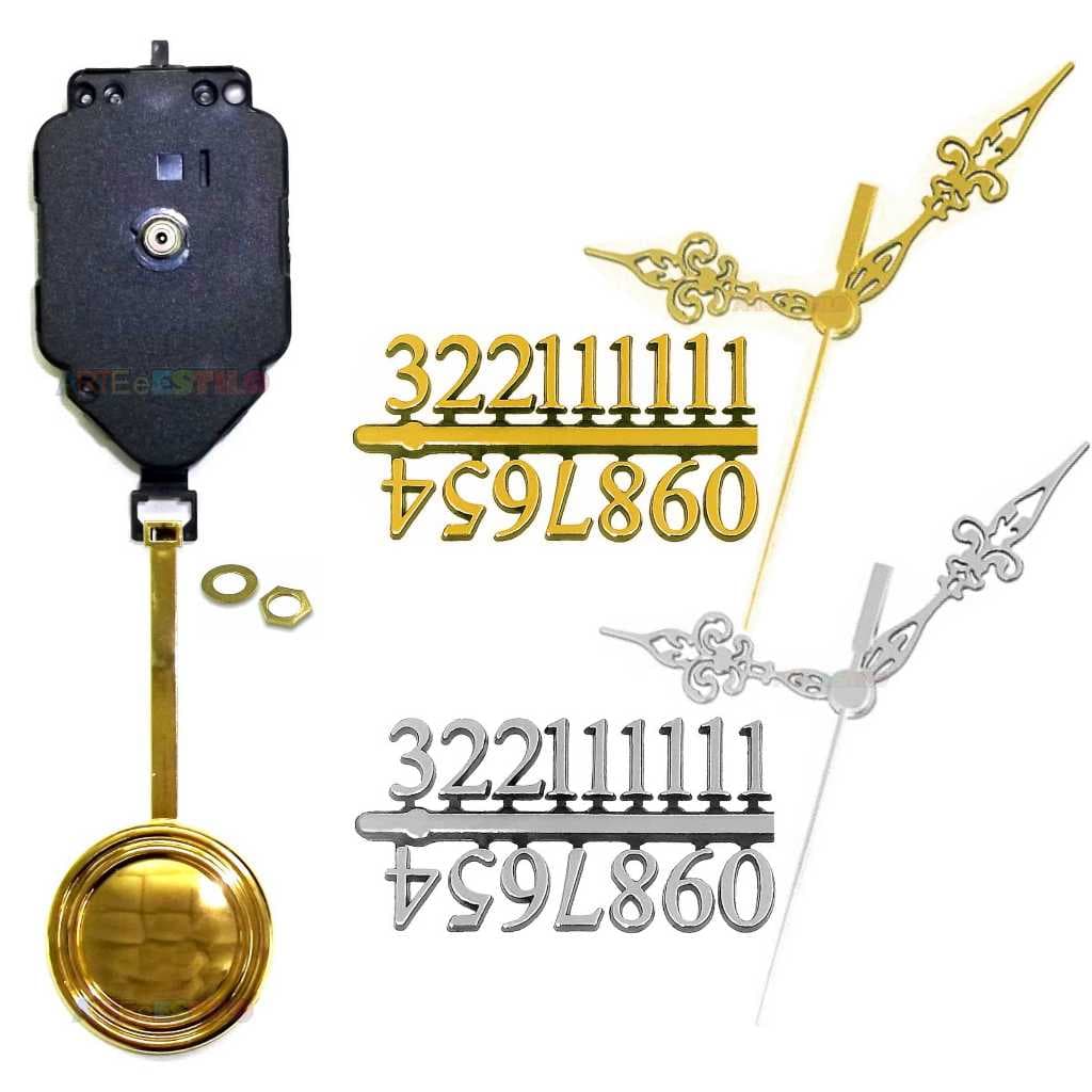 1 Kit Maquina de Relógio c/ Pendulo Eixos 13 17 e 21 Números Arábicos e Romanos e Ponteiros Luiz XV