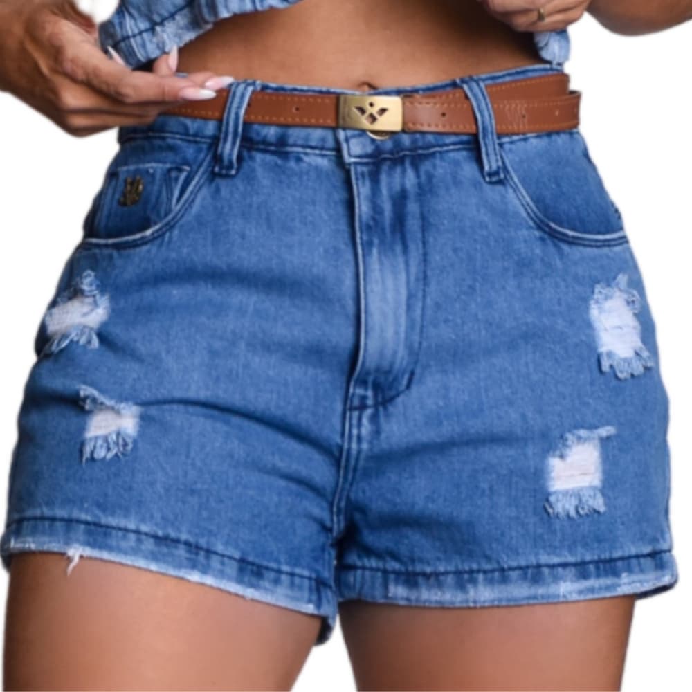 Short com Cinto Jeans Feminino Cintura Alta Modeladora Empina Bumbum Blogueira Tendência com Bolsos