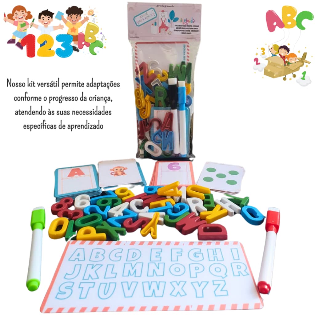 Kit Alfabetização Divertida Letras, Números, Canetas apagavéis e Cards. Escrita e Aprendizado Lúdico