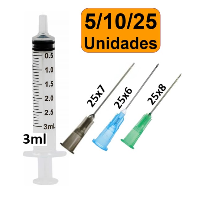 Seringa 3ml Liso + Agulha 25x6/25x7/25x8  C/ 5/10/25 Unid. Descarpack ou Medix