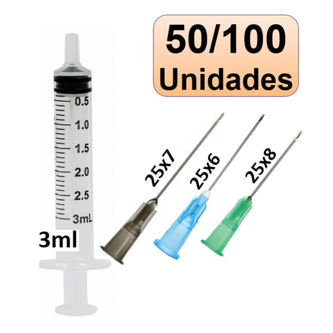 Seringa 3ml Liso + Agulha 25x6/25x7/25x8  C/ 50/100 Unid. Descarpack ou Medix