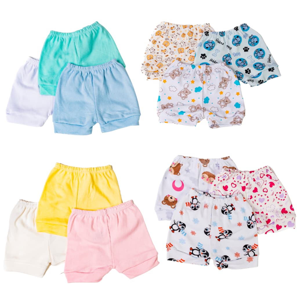 Kit 4 Shorts Tapa Fralda Para Bebês Liso ou estampado 100% Algodão Barato