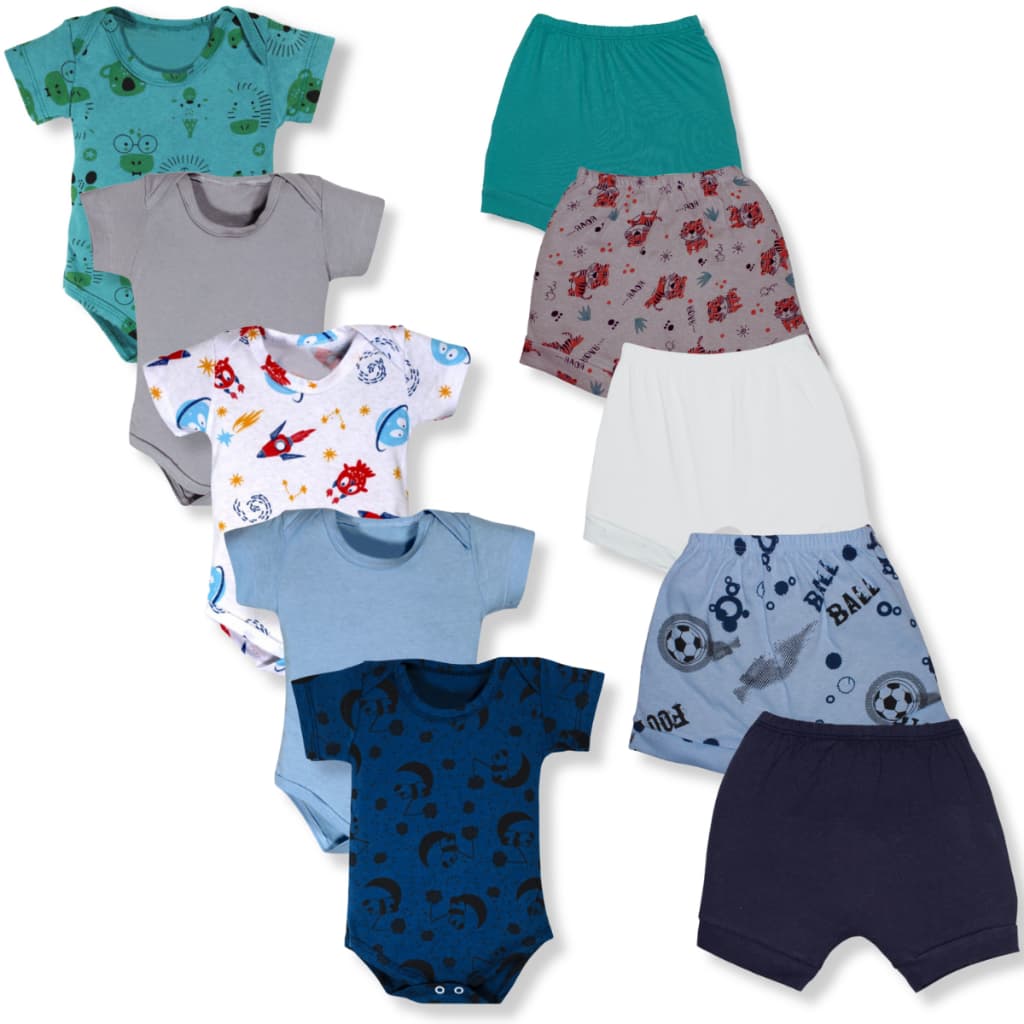 Kit 10 Pçs Body E Shorts Bebe Estampado Malha 100% Algodão Menino Ou Menina