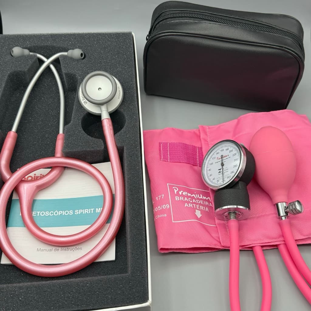 Kit Estetoscópio Spirit Pro-Lite Rosa + Esfigmomanômetro Aparelho de Pressão Premium