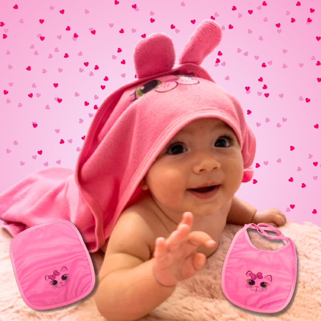 Kit 3 Peças Toalha Banho Bebê Recém Nascido Com Capuz e Orelhinha Toalha De Boca e Babador