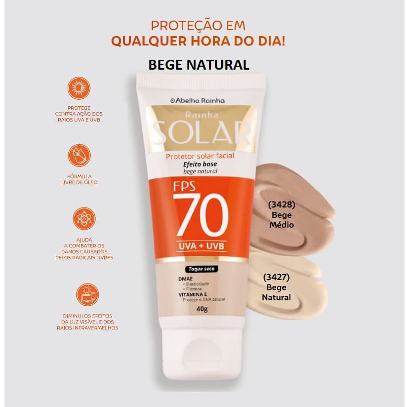 Protetor Solar Facial Cor De Base Bege Natural FPS 70 Rainha Solar Abelha Rainha