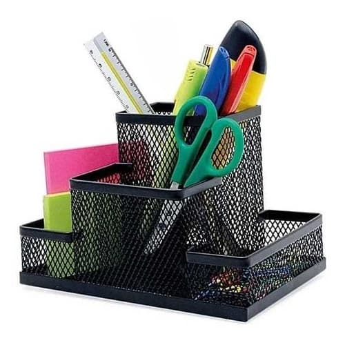 Cesta Porta Caneta Lapis Pincel 4 Divisórias Organizador Metal Aramado Escritorio telado Executiva Preto