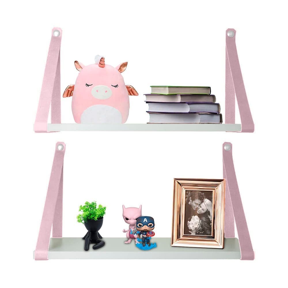 Kit 2 prateleiras branca com alça de couro ecológico rosa