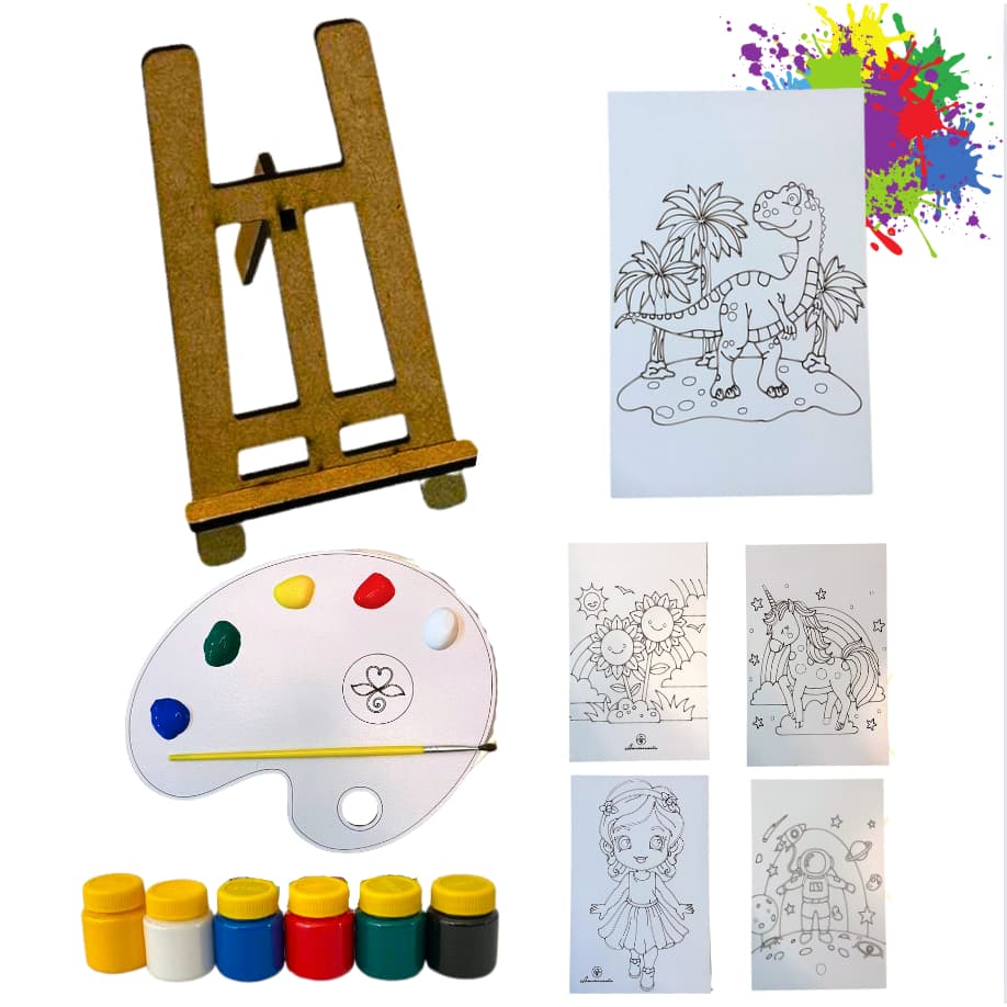 Kit Pintura Infantil: Meu Primeiro Atelier - 15 Peças - Telas, pincel bucha, cavalete, paleta