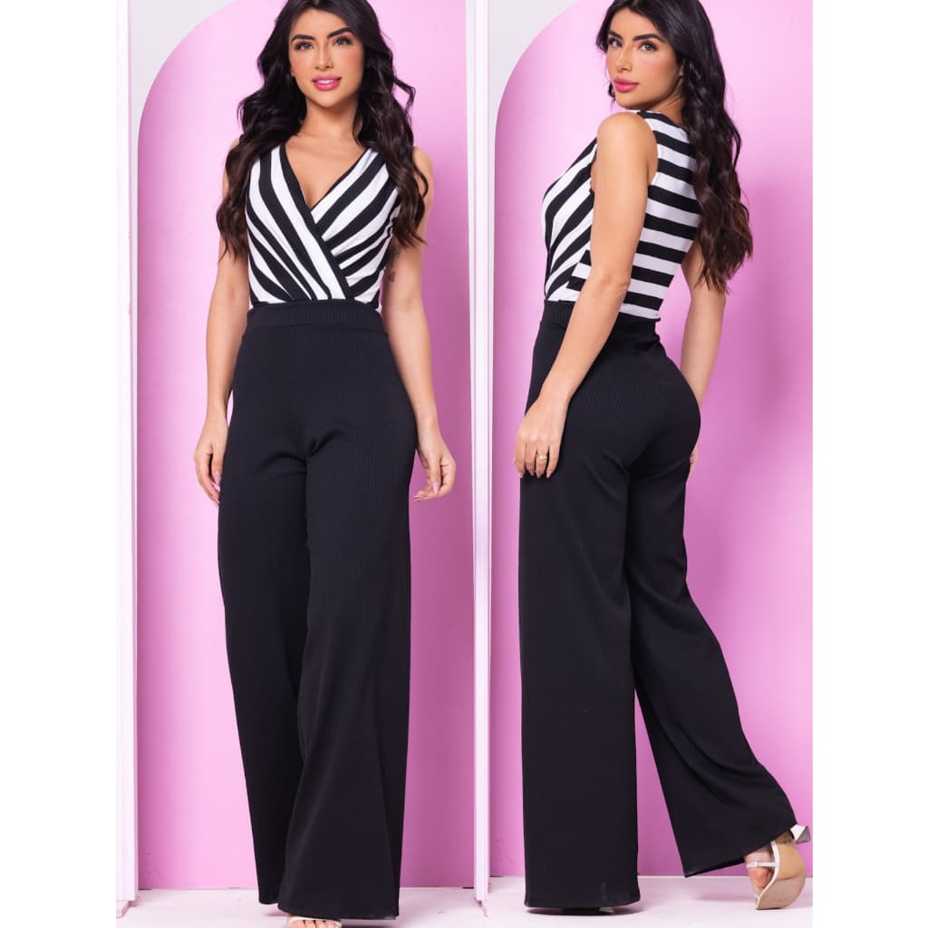 Macacão Feminino Regata com Listras Decote V Pantalona Canelado Casual Confortável possui elastano