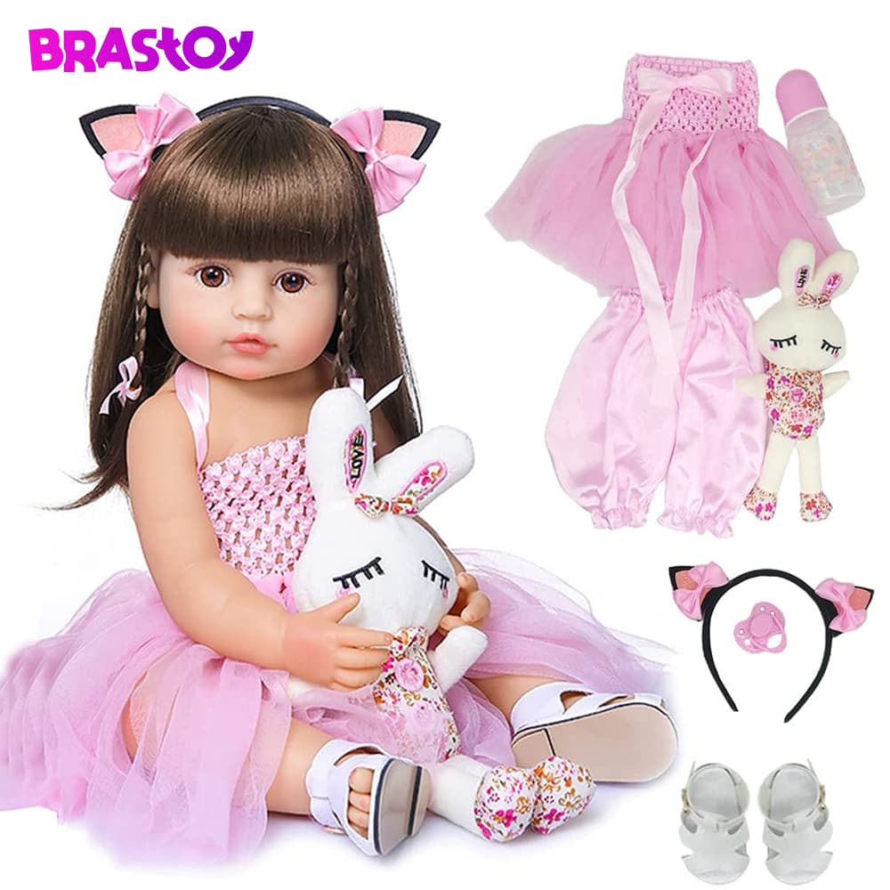 Brastoy Bebê Reborn Boneca Silicone Menina Olhos Castanhos 55cm