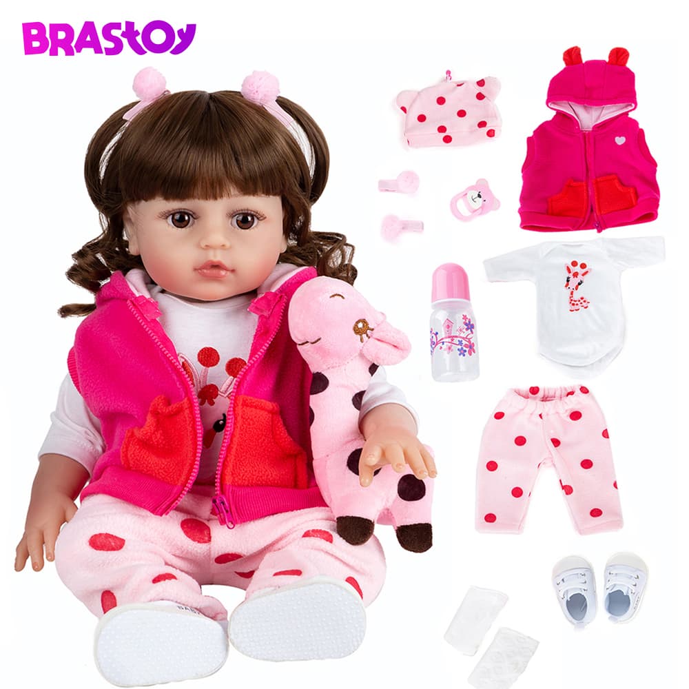 Brastoy Boneca Bebê Reborn Menina Silicone Olhos Castanhos 48cm Pode Dar Banho Com Girafinha e Panda