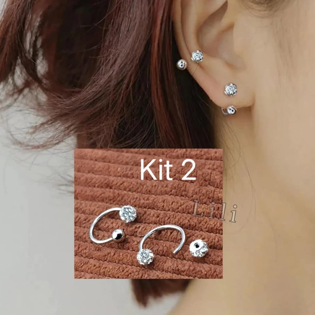 Kit 2 Piercing em Aço Cirúrgico Ferradura aço bolinha com strass