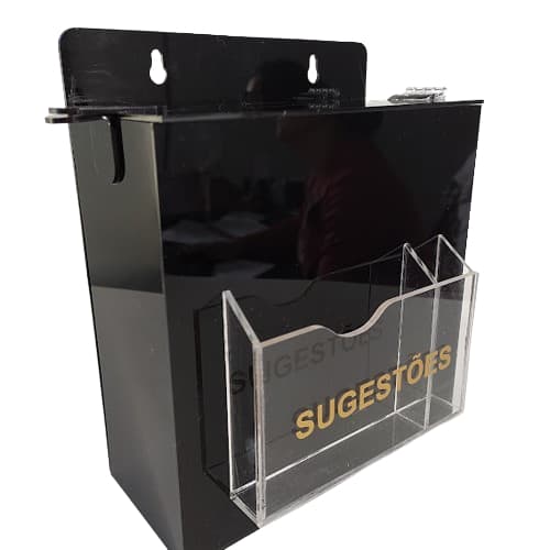 caixa de sugestões preta escrita dourada | urna preta | caixa acrilica preta | Sugestão