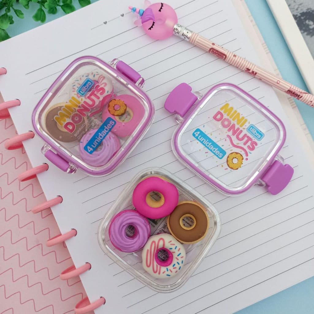 Borracha Mini Donuts 4 Unidades - Tilibra | Marmitinha | Material Escolar | Papelaria Fofa