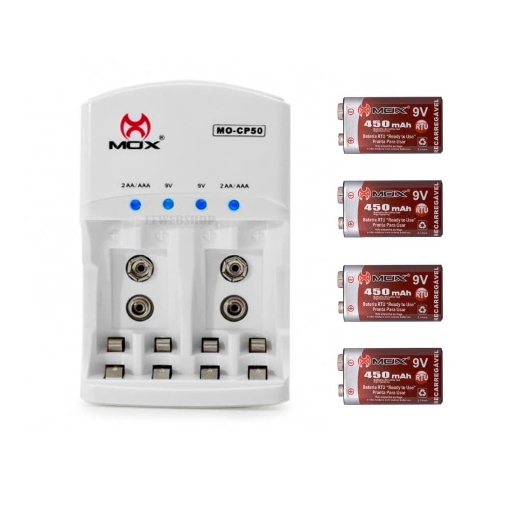 Carregador Bateria Recarregável Mox 9v 450mAh NF Alta Duração Microfone Violão Original Rtu MO-9V450